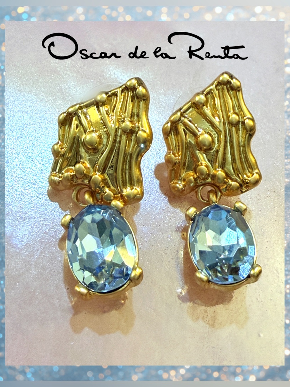 Oscar de la Renta Golden Shield Earrings sparkling Pale Blue Crystal Stones✨Post